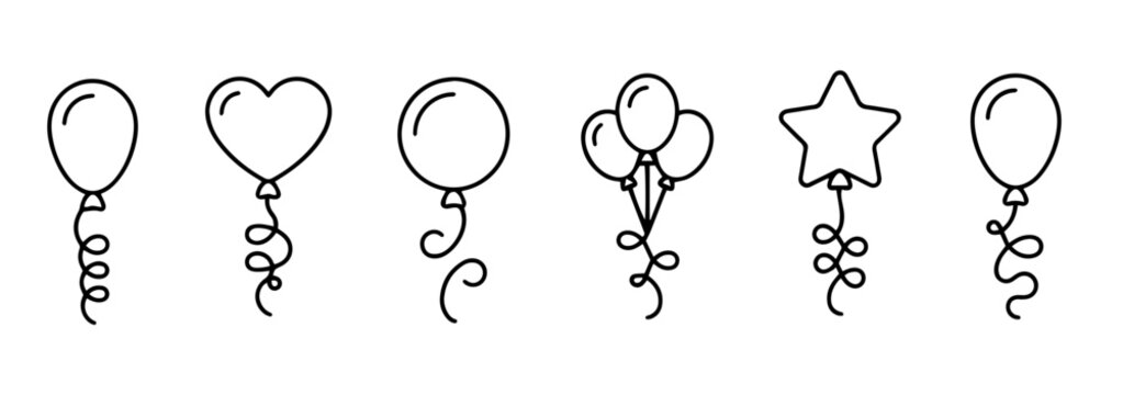 Party celebration balloons outline vector icons set in different shapes