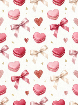 Valentine 318 Watercolor Seamless Pattern of Heart Macarons, Ribbon Bows and Gold Specks（リボン結びと金粉を添えたピンクと赤のハート型マカロンの水彩風シームレスパターン背景）