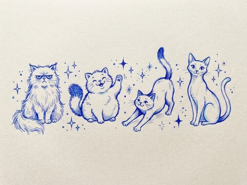 Set of four cute cartoon cats in different poses with magical stars