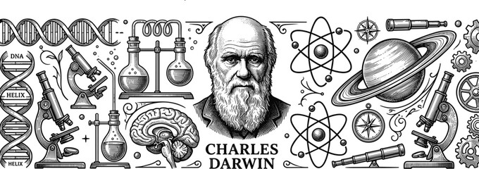 Charles Darwin portrait illustration banner surrounded by scientific research elements planet saturn microscope and dna models © MDDELOAR