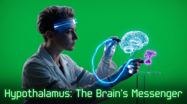 Scientist interacting with holographic human brain model on green screen background