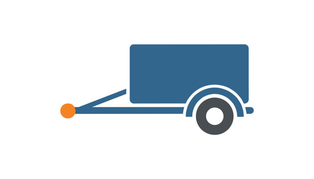 Flat vector icon of a blue utility or cargo trailer with a single wheel and orange coupling hitch on white background.