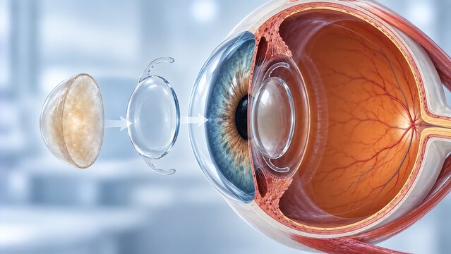 Cataract surgery with intraocular lens implantation in human eye anatomy