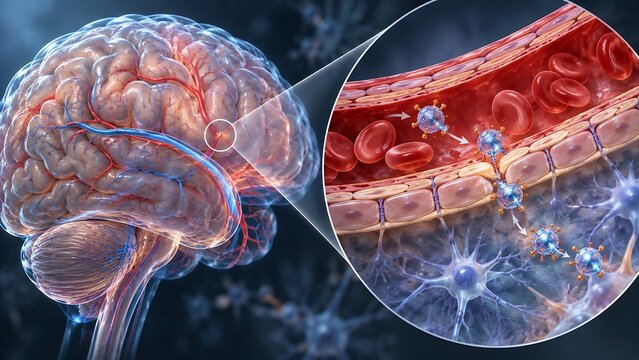 Blood-brain barrier with cerebral blood vessel and neural tissue
