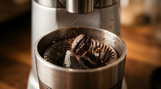 Natural Coffee Grinder With Beans And Ground Coffee
