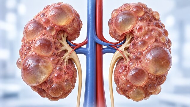 Polycystic kidney disease with enlarged kidneys and multiple renal cysts