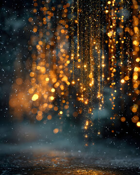 Magical Golden Bokeh Lights Falling in a Mystical Winter Wonderland