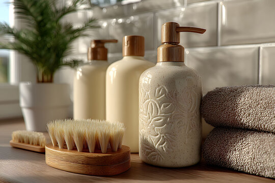 Elegant Bathroom Decor with Soap Dispensers and Soft Towels for a Tranquil Atmosphere