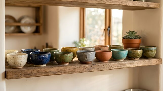 Natural Ceramic Bowls On Wooden Shelf