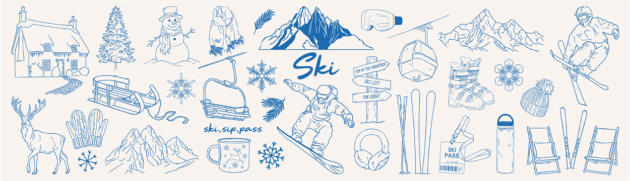 Whimsical Hand drawn vector illustration set of winter ski resort with snowy chalet, mountains, ski lift, snowboarder, skier, chalet, and outdoor gear in blue ink line art style.