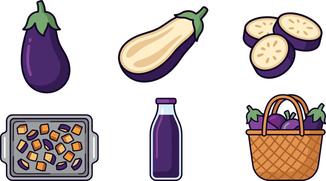 Eggplant Vector Icon Set Featuring Whole Aubergine Half Cut Round Slices Baking Pan with Roasted Cubes Juice Bottle and Harvest Woven Basket for Recipe Designs