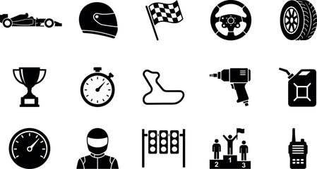 Obraz premium 15 Formula 1 Racing and Motorsport Solid Glyph Icons Set