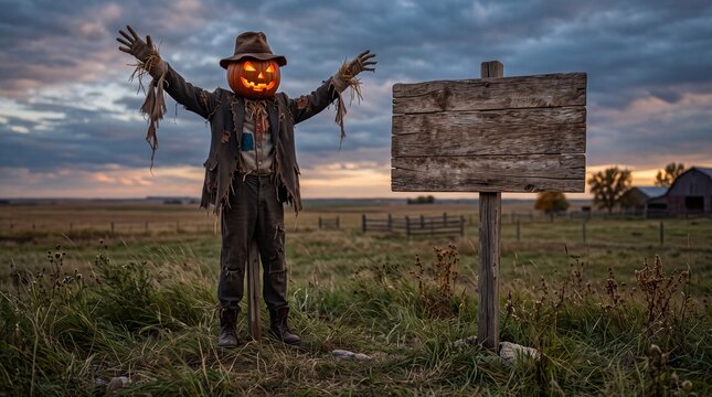 Glowing pumpkin scarecrow stands beside a wooden signpost in a meadow at sunset.
