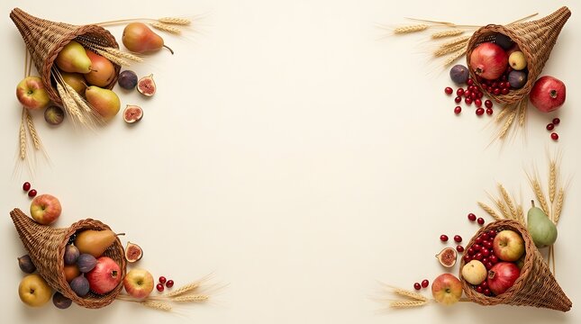 Four cornucopias filled with autumn harvest fruits and vegetables arranged as a decorative border on white background
