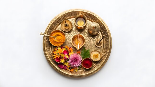 Traditional indian brass puja thali plate with diya, turmeric, kumkum, flowers, and rice isolated on white background