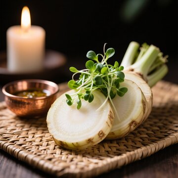 celeriac slices with herbs and microgreens