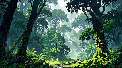 Fototapeta premium Lush tropical rainforest landscape with giant green trees and sunlight filtering through