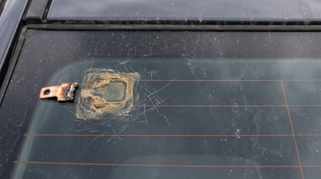 Broken rear window defroster tab on a car glass surface