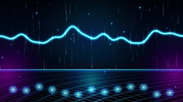 Abstract sound wave pulsing with neon lights and digital particles in dark space