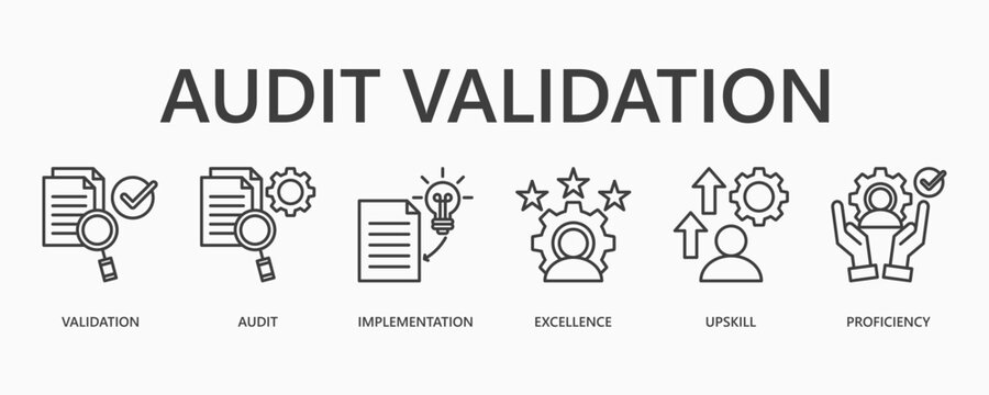 Audit Validation Icon Set. Icon Set Includes Validation, Audit, Implementation. Editable Stroke. Vector Illustration