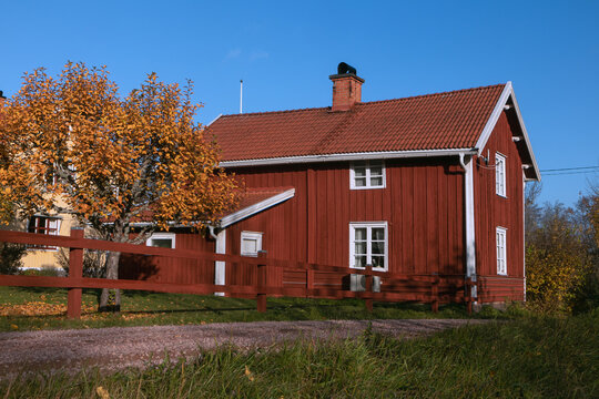 Traditional falun red wooden house in a colorful autumn garden, Sweden