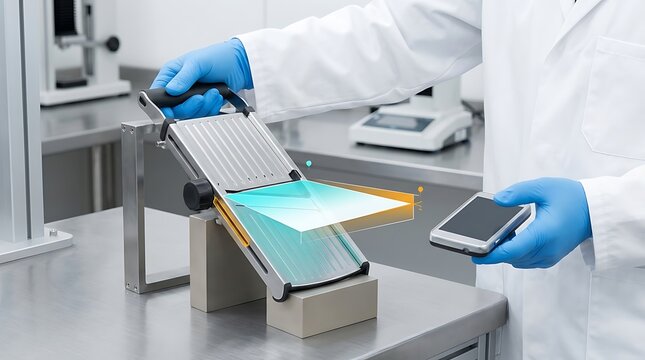 Scientific laboratory testing of food equipment, researcher using digital scanner on metal slicer, industrial quality control process