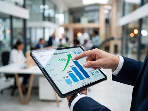 Businessman Holding Digital Tablet with Financial Graph While Working in Modern Office Meeting