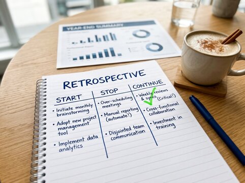 A Spiral Notebook Displaying A Handwritten Team Retrospective List Categorized Under Start Stop And Continue Next To A Pen A Cup Of Coffee And A Printed Year End Report On A Wooden Desk