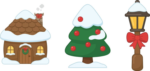 Naklejka premium A charming set of three flat vector Christmas illustrations featuring a cozy gingerbread house with snow, a decorated pine tree, and an elegant street lamp.