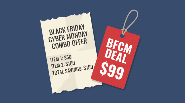 Black friday cyber monday combo offer receipt paper and price tag composition