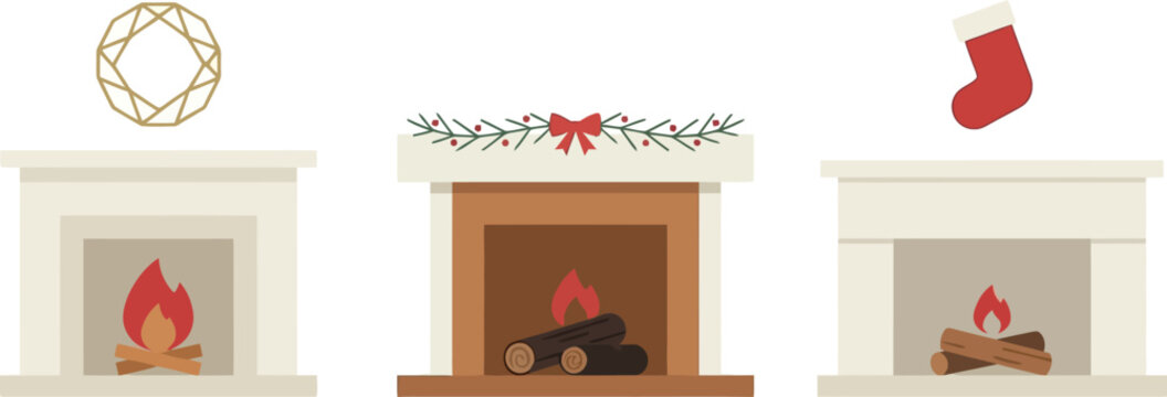 A set of three stylized flat vector fireplaces decorated with festive elements including a geometric wreath, Christmas garland, and a single red hanging stocking