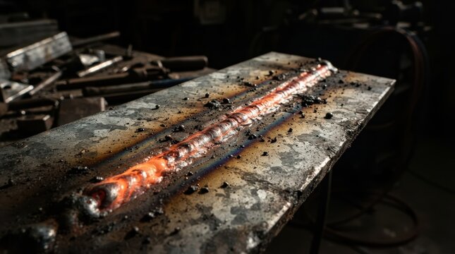Glowing weld bead cooling on galvanized steel with spatter, heat tint, and slag texture.