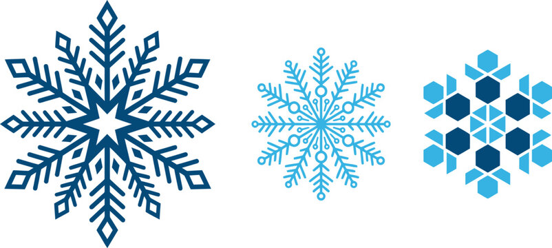 A collection of three distinct, geometrically stylized snowflake icons rendered in varying shades of blue, set against a clean, minimalist, and solid white background environment.