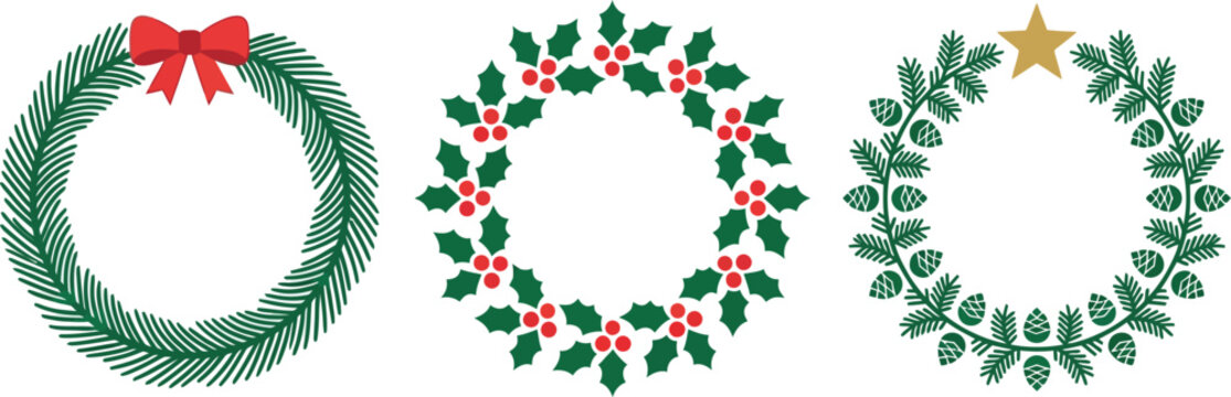A collection of three distinct Christmas wreath illustrations featuring a classic pine design with a red bow, a festive holly berry ring, and pinecone accents.