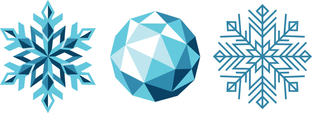 A collection of three stylized blue winter elements including two unique geometric snowflake designs and a low poly sphere isolated on a clean transparent background