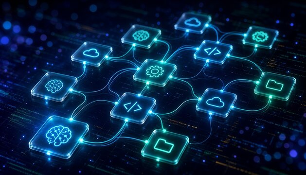 Interconnected Glowing AI Network Nodes and Tech Icons Visual Concept