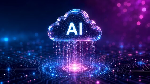 Glowing AI Cloud Symbol with Digital Data Particles Rain Effect