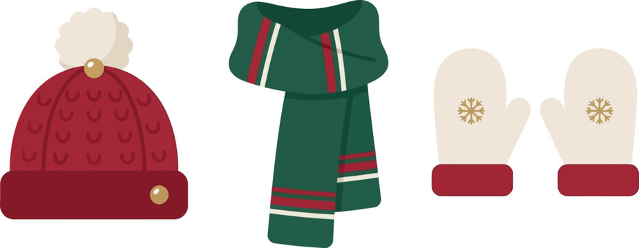 A flat vector illustration showcasing a cozy winter set including a red pom-pom beanie, a dark green striped scarf, and a pair of white mittens.