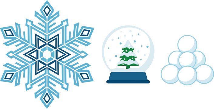 A festive collection of winter icons featuring a detailed blue geometric snowflake, a classic glass snow globe with a small pine tree, and white snowballs.