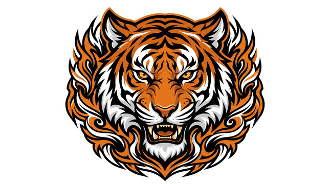 A detailed orange and black tiger head illustration with swirling mane details on transparent background feline big cat predator animal wildlife vector