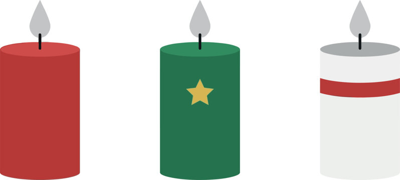 A minimalist set of three festive holiday candles featuring a solid red candle, a green candle with a yellow star, and a white candle with stripes.
