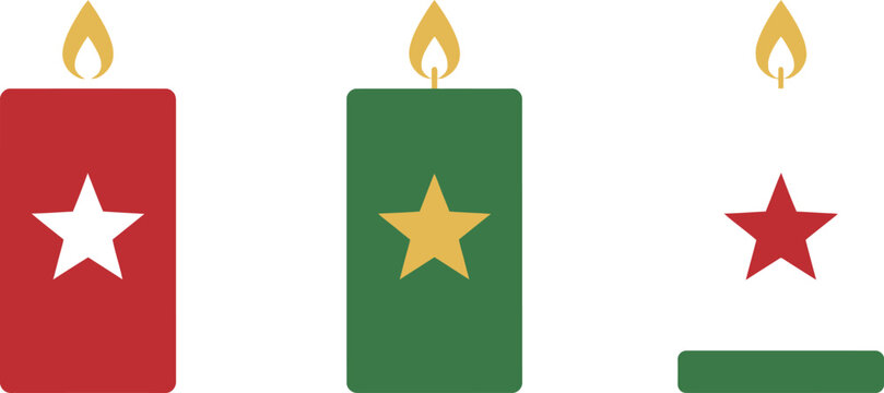A minimalist graphic illustration featuring three stylized Christmas candles in red, green, and white colors, each adorned with a central star and a glowing flame.
