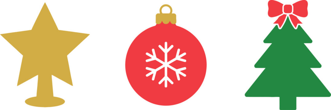 A minimalist set of three isolated Christmas icons featuring a golden star, a vibrant red ornament with a white snowflake, and a green pine tree.