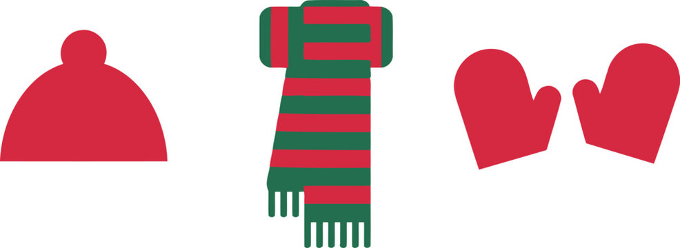 A minimalist set of winter clothing icons including a solid red pom-pom beanie a striped green and red scarf and a pair of red mittens
