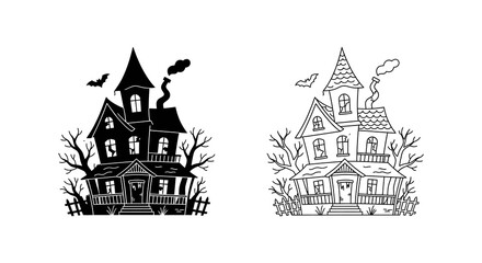 Fototapeta premium Detailed haunted house illustrations showcase spooky architecture and eerie silhouettes