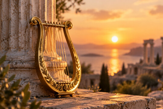 A golden lyre leaning against an ancient column at sunset.