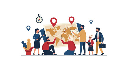 Fototapeta premium Global Business Strategy and Travel Planning Illustration with Diverse People Around a World Map and Location Pins