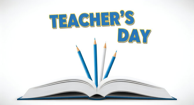 Teachers Day typography with pencils and open book on white background