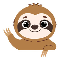 Fototapeta premium Cute sloth vector illustration with big expressive eyes, a sweet smile and raised paws. Adorable tropical animal character in a simple cartoon style for childrens designs, stickers and clipart. Vector