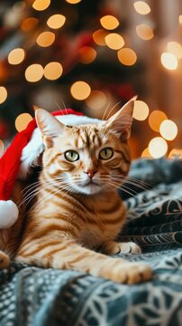 A charming ginger tabby cat is posed on a decorative blanket with a tiny santa hat placed atop its head, with a blurred background of twinkling lights evokes a cozy and festive atmosphere.